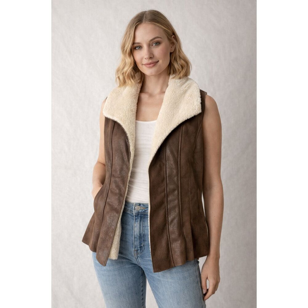 Ariat Vest XL Brown Sherpa Lined Faux Leather Western Open Front Cozy